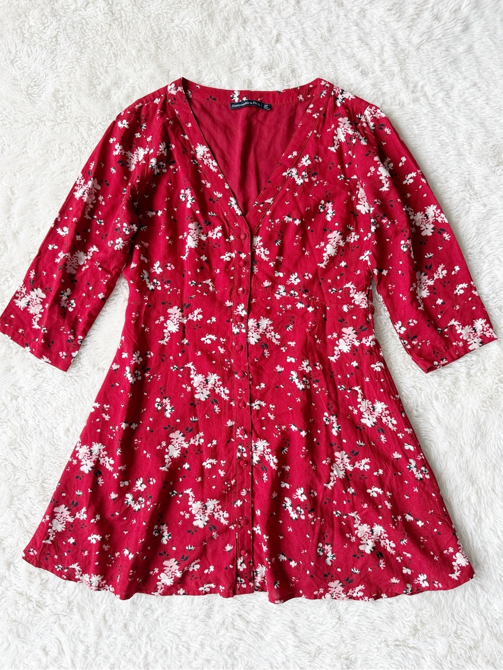 Abercrombie & Fitch Woman Red Floral V-Neck Button Front Flowy Mini Dress SMALL